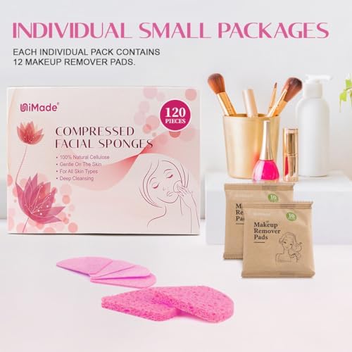 120-Count Compressed Facial Sponges, Face Sponge for Cleansing, 100% Natural Cellulose Cosmetic Spa Scrubs for Makeup Removal, Exfoliating Mask, Skin Massage - Pink