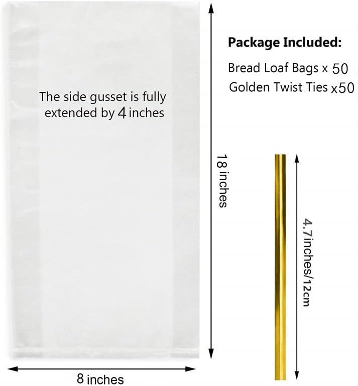 150 Piece Bread Loaf Bags - 8" x 18" Clear Gusseted Poly Bags with Free Twist Ties…