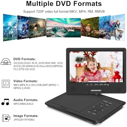 12.5" Portable DVD Player, Bluetooth Headrest Video Players with 10.1" Swivel Screen, 5 Hours Rechargeable Battery, DVD Player for car, Regions Free, Car DVD Player Supports SD/USB/Sync TV