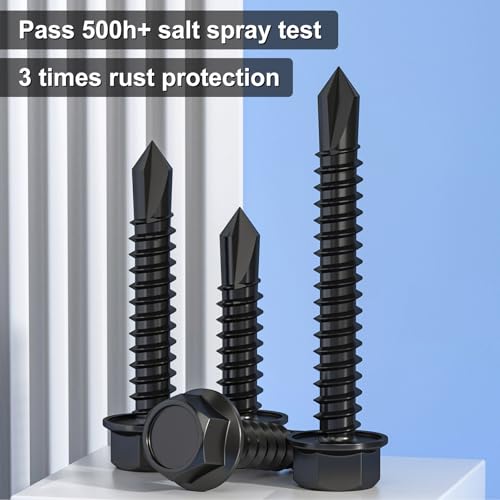 150Pcs Self Drilling Screws Assortment Kit, 410 Stainless Steel Self Tapping Sheet Metal TEK Screws, Black Zinc Plated, #8 1/2" 3/4" #10 1" 1-1/2", Hex Washer Head
