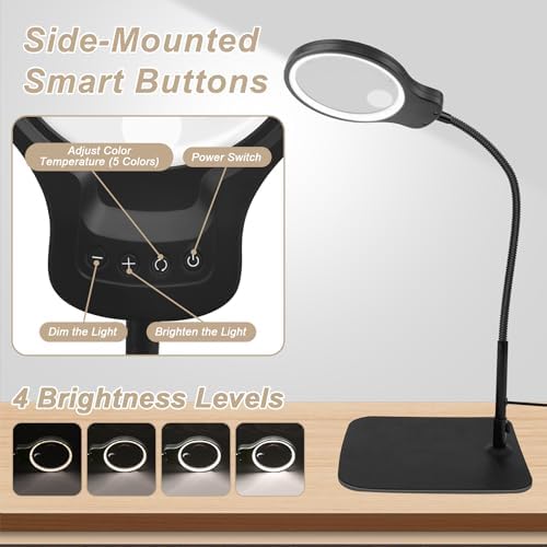10X 30X Large Magnifying Glass with Light and Stand, 5-inch Lens, 5 Color Modes, Hands Free Magnifying Lamp for Close Work, Lighted Magnifier Desk Lamp for Craft Sewing Jewelry Painting Reading