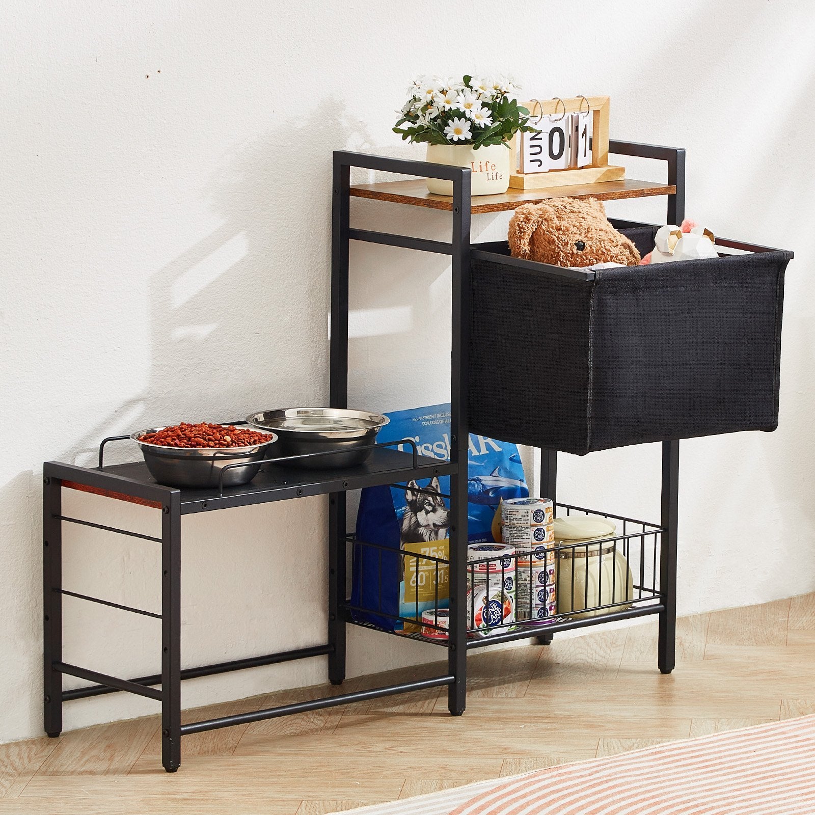 Pet Feeding Station with Storage for Dog Food and Toy Organizer - Raised Dog Bowls