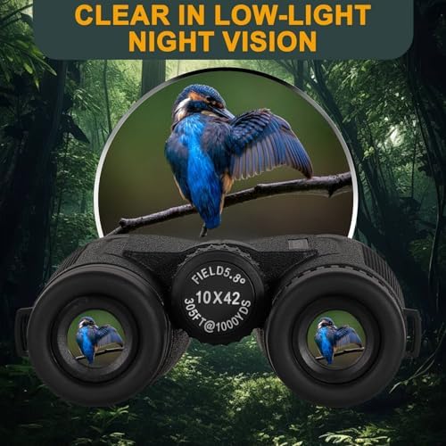 10x42 High Powered Compact Binoculars for Adults Kids - Low Light Night Vision Binoculars, Bird Watching Hunting Travel with Phone Adapter, 3-Second Rapid and Accurate Focusing, Waterproof & Anti-Fog