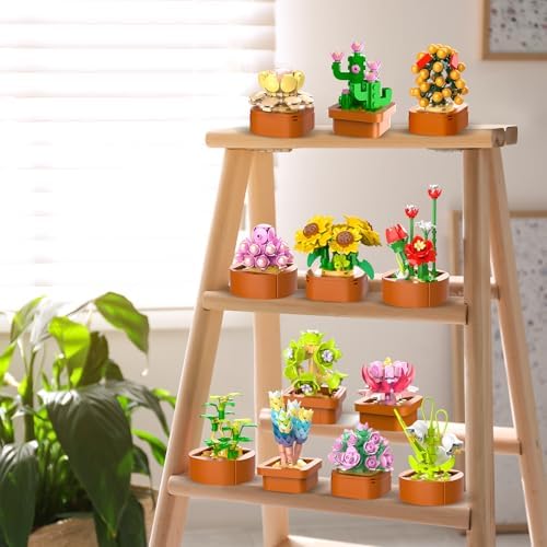 12 Flowers Succulents 3.6MM Mini Building Set - 1403PCS Flower Botanical Collection for Office Home Décor Plant Building Blocks Toy, Gifts for Valentine Mother's Day Birthday Adults Women Kids 10+
