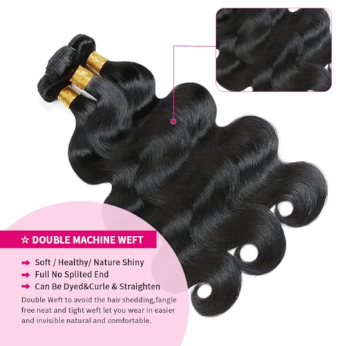 12A Body Wave Bundles Human Hair 16 18 20 Inch Human Hair Bundles 100% Unprocessed Brazilian Virgin Hair 3 Bundles weave for Black Women Natural Color