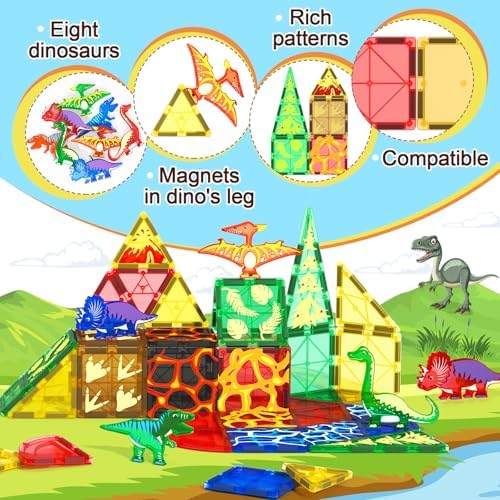 102PCS Dinosaur Toys Magnetic Tiles with 8 Dinosaurs - Jurassic Scenes Dinosaur World Adventure Set, Magnetic Blocks Kids Toys for Boys & Girls Ages 3+, Sensory Toddler Toys Creative Kids Games Gifts