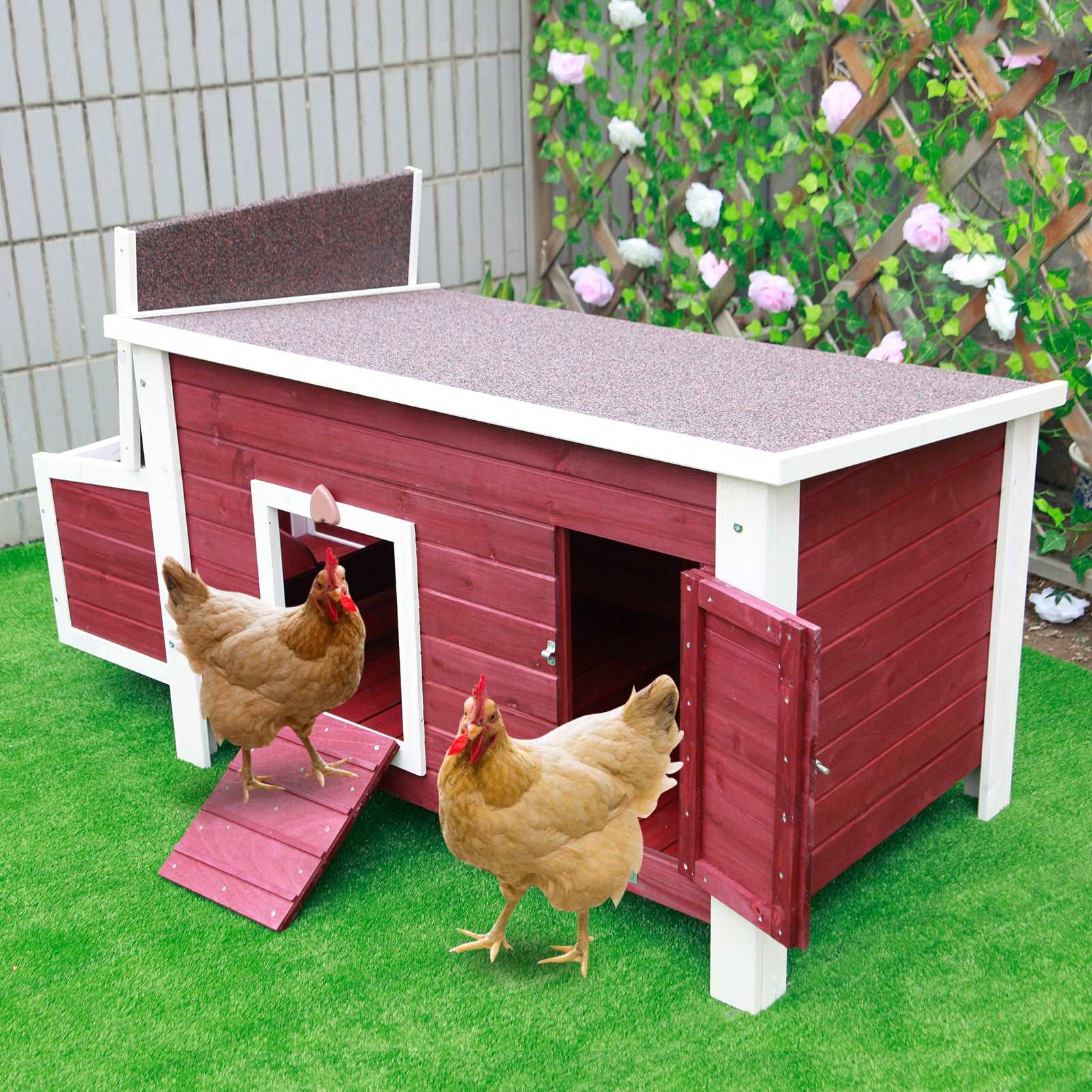 PETSFIT Chicken Coop with Nesting Box Outdoor Hen House with Removable Bottom Red