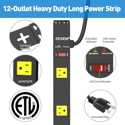 12 Outlet Long Power Strips Heavy Duty Garage Workshop Multi Wide Industrial Power Strip Surge Protector with 4ft Cord, ETL Certified, 1875W, Black