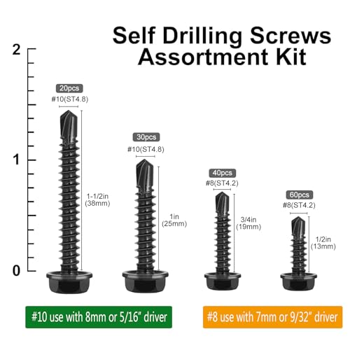 150Pcs Self Drilling Screws Assortment Kit, 410 Stainless Steel Self Tapping Sheet Metal TEK Screws, Black Zinc Plated, #8 1/2" 3/4" #10 1" 1-1/2", Hex Washer Head