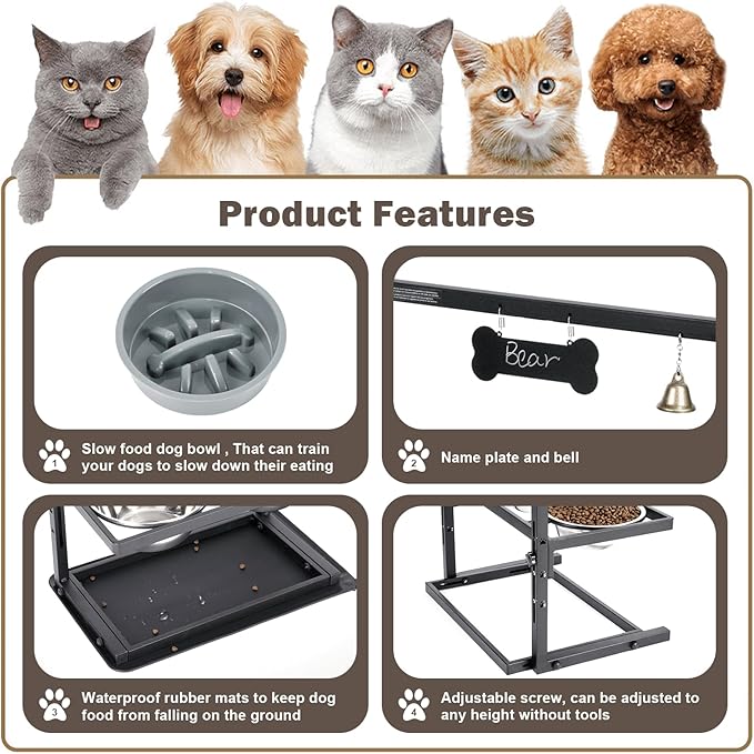 Shainfun Elevated Slow Feeder Large Dog Bowls - Adjustable Height, 2 Stainless Steel Bowls, Spill Proof Mat, Grey