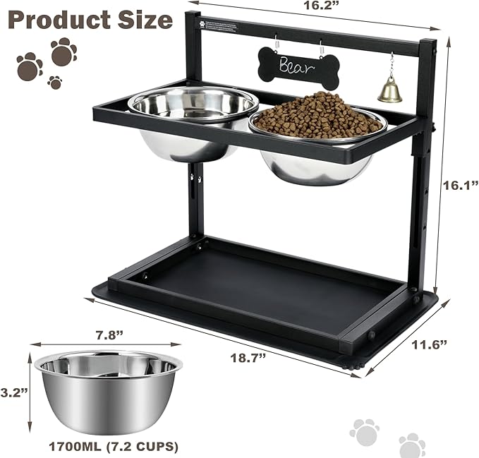 Shainfun Elevated Slow Feeder Large Dog Bowls - Adjustable Height, 2 Stainless Steel Bowls, Spill Proof Mat, Grey