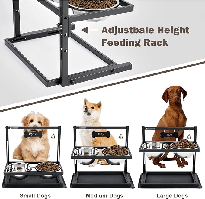 Shainfun Elevated Slow Feeder Large Dog Bowls - Adjustable Height, 2 Stainless Steel Bowls, Spill Proof Mat, Grey