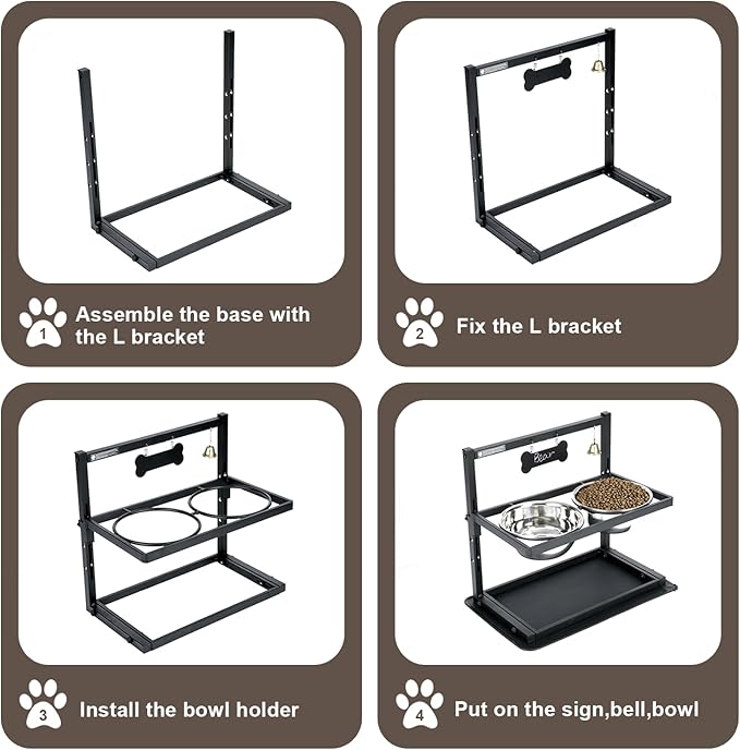 Shainfun Elevated Slow Feeder Large Dog Bowls - Adjustable Height, 2 Stainless Steel Bowls, Spill Proof Mat, Grey