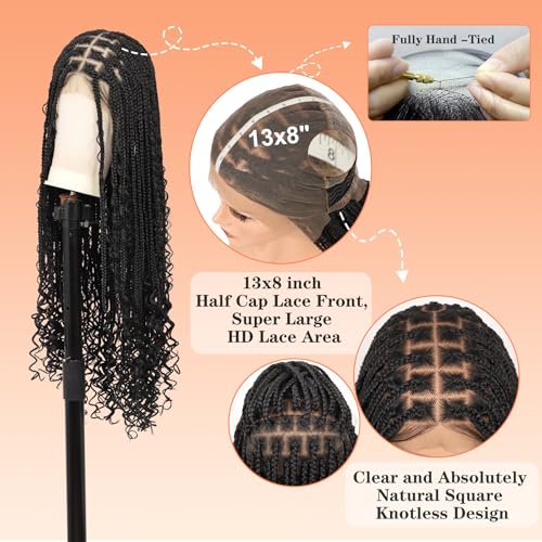 13x8 HD Lace Front Braided Wigs Knotless Boho Braided Wigs for Women Box Braid Wig With Baby Hair Human Hair Blended Long Braids Lace Front Wig 36 Inch Black