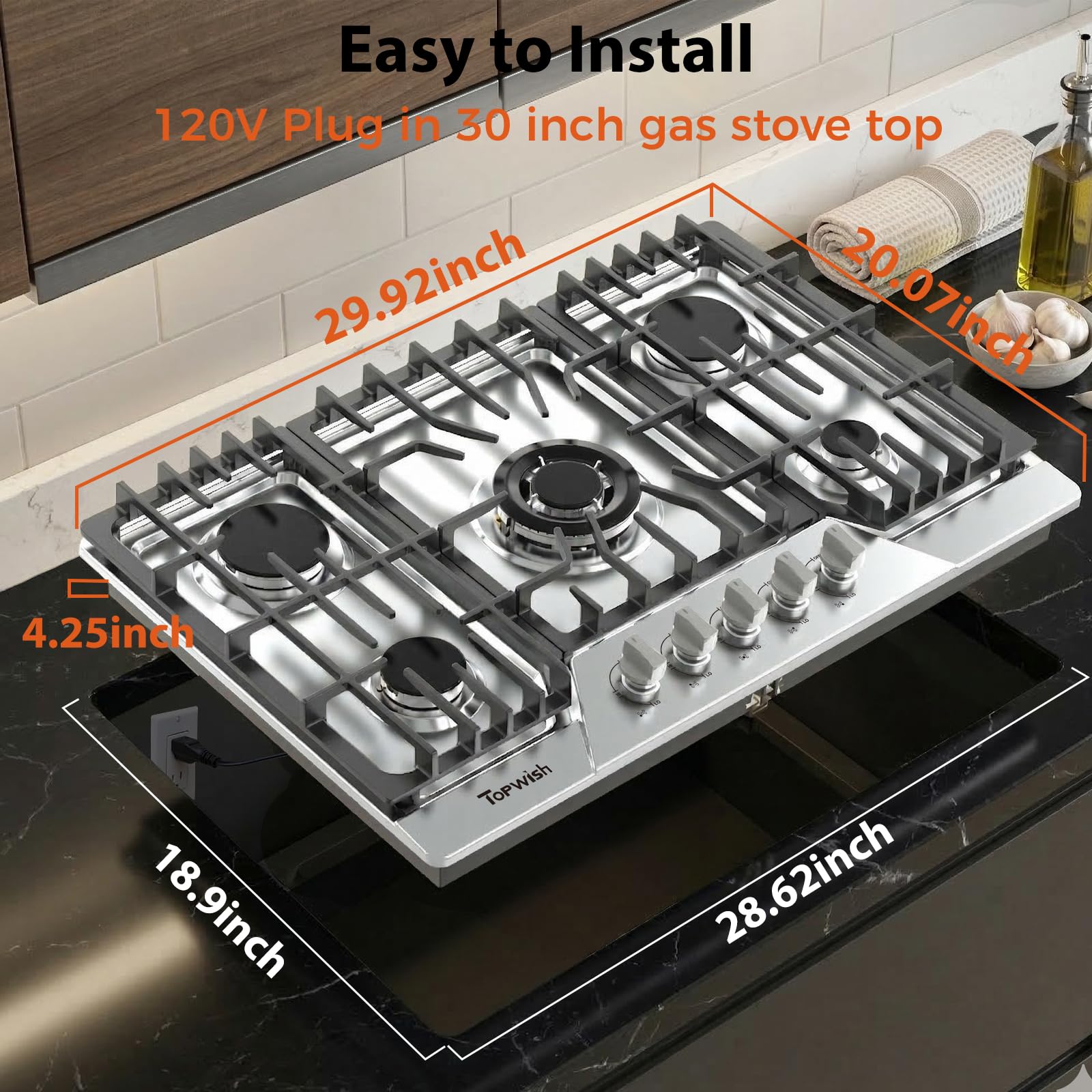 12 Inch Gas Cooktop, TOPWISH Gas Stove Top with 2 High Efficiency SABAF Burners, NG/LPG Convertible 304 Stainless Steel Built-in Propane Stovetop with Thermocouple Protection for Apartments, Rvs