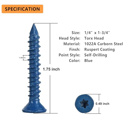 100Pcs 1/4" x1-3/4 Concrete Screws for Anchoring to Masonry