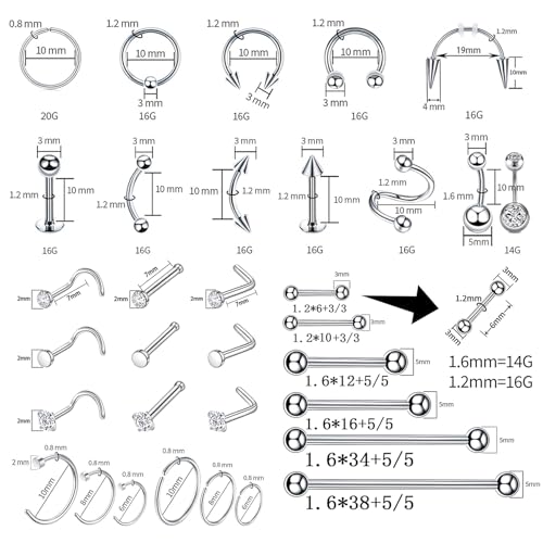 110Pcs Piercing Kit for all Body Piercings with Piercing Tools for Eyebrow Nose Ear Septum Belly Button Lip Tongue Cartilage and More with 12G 14G 16G 20G Piercing Needles
