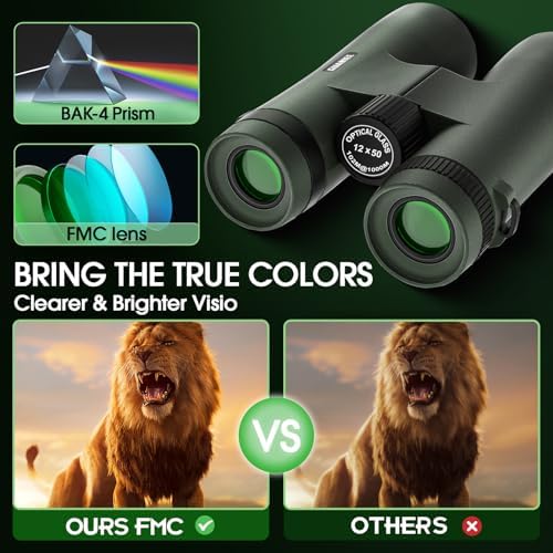 12x50 HD Binoculars for Adults High Power Binoculars IPX7 Waterproof Fogproof for Hunting, Bird Watching, Cruise Ship, Travel and Safari Green
