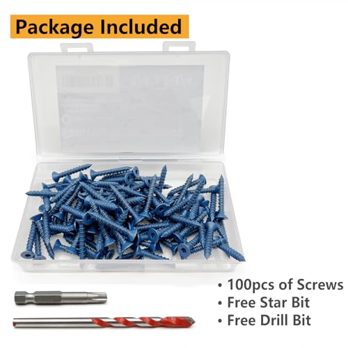 100Pcs 1/4" x1-3/4 Concrete Screws for Anchoring to Masonry