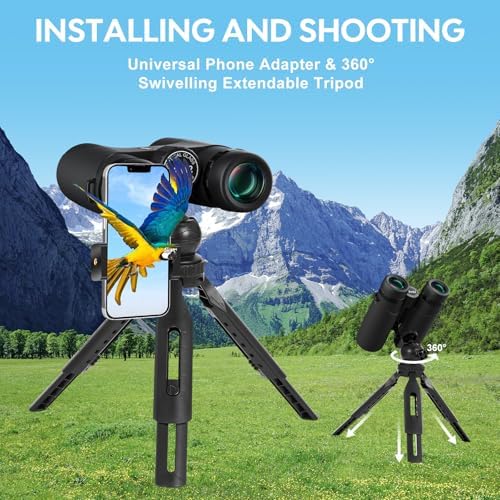 12x42 HD Binoculars for Adults High Powered - Deesoo Binoculars for Bird Watching with Large Field of View - High Magnification Binoculars with Phone Adapter, Plastic Tripod for Hiking Hunting