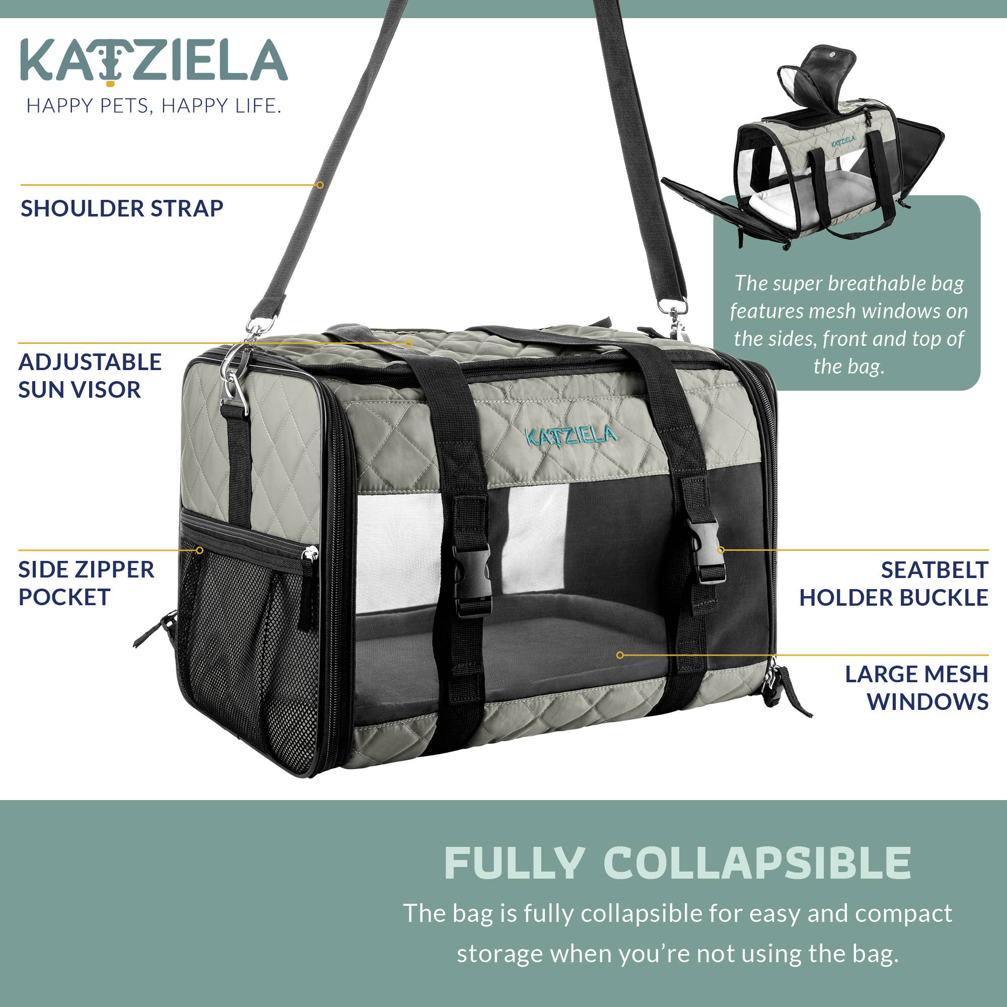 Katziela Airline Compliant Quilted Companion Cat & Dog Carrier - Gray
