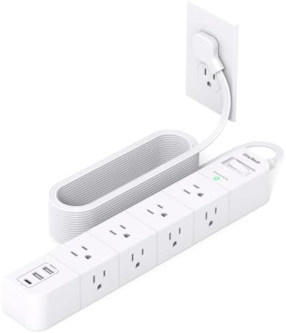 10FT Extension Cord Flat Plug Power Strip Surge Protector with 8 Widely AC Outlets and 3 USB Ports Outlet Extender Overload Protection Wall Mount for Home Office Dorm Room Essentials Gaming, ETL