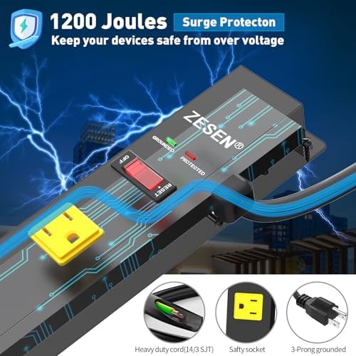 12 Outlet Long Power Strips Heavy Duty Garage Workshop Multi Wide Industrial Power Strip Surge Protector with 4ft Cord, ETL Certified, 1875W, Black