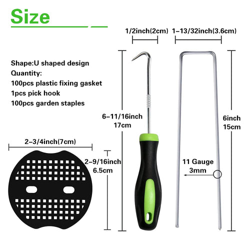 100Pcs Garden Stakes Staples + 100Pcs Gasket, Bakulyor 6 Inch Lawn Landscape Staples 11 Gauge U Shaped Galvanized Landscape Pins, Heavy Duty Yard Ground Pin for Weed Barrier Sod Fabric Decorations