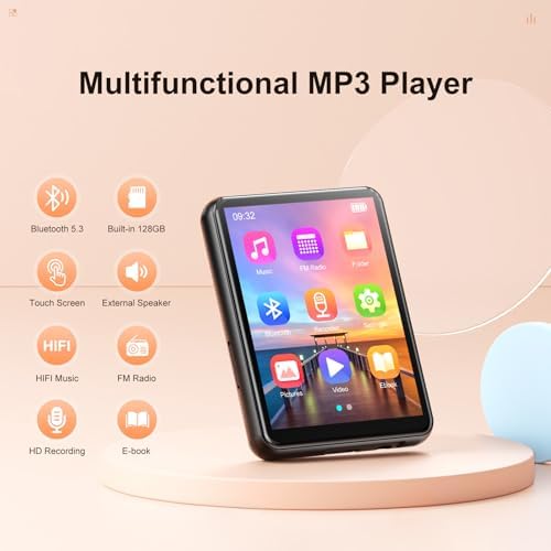 128GB MP3 Player with Upgrade Bluetooth 5.3, HiFi Sound Shuffle Single Loop Music Player with HD Speaker, FM Radio, Voice Recorder, 2.4IN Full Touchscreen MP3 Ideal for Sport (Earphones Included)