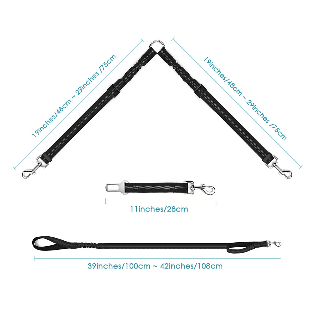 2 in 1 Double Dog Leash + Car Seat Belt - Black