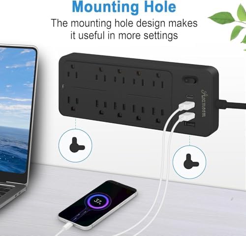 15 FT 14-in-1 Power Strips with Surge Protection 1700J,10 Outlets with 4 USB Ports (1 USB C) Long Extension Cord with Multiple Outlets 16Awg 1625W/13A Flat Plug Power Strip Protector Black