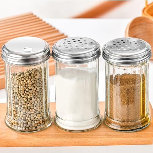 12 oz Retro Style Glass Sugar Shakers Dispenser, Glass Jar, Sugar Shaker, Stainless Steel Pour-Flap Lid, For Sugar/Cinnamon/Bee Pollen/pepper and other spices (Perforated Lid-1pc)