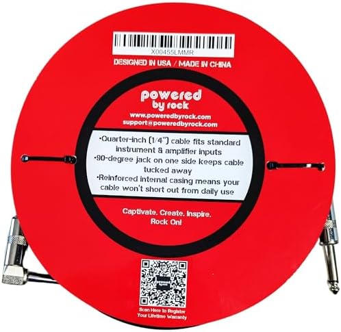15ft Guitar Cable for Electric Guitar & Bass - Crystal Clear Instrument Cable & Tangle Free - 1/4 Inch Male to Male Inputs with a Right Angle Jack On One End to Secure Your Amp Cord