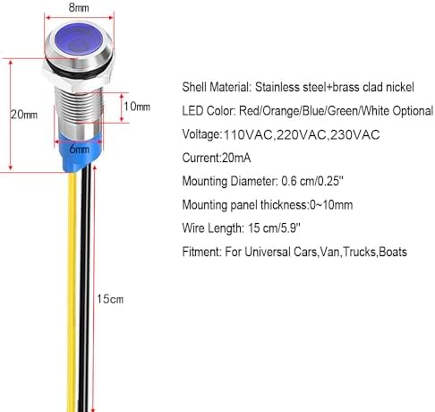 10pcs 6mm LED Metal Indicator Light 110V-220VAC Waterproof Signal Lamp (Blue)