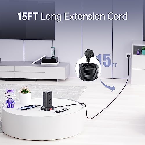 15FT USB C Power Strip Surge Protector Tower, Mini Power Strip Tower Travel 12 AC 4 USB Power Strip with USB Ports, Overload Protection for Home Office