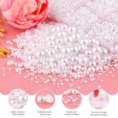 11000Pcs Flatback Pearls for Crafting (White), Assorted Size 2/3/4/5/6/8/10mm Half Pearl with 3Pcs 10ml B7000 Jewelry Glue, Bedazzling Bead for DIY Crafts Clothing Tumbler Shoes Embellishment Nail Art