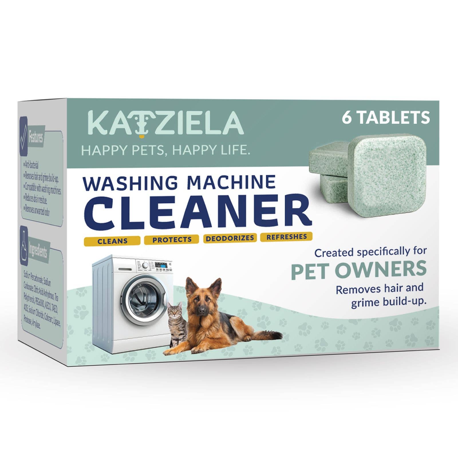 Katziela Washing Machine Cleaner Tablets – Plant-Based, Enzyme Formula for Pet Hair & Odor Removal – Fragrance-Free, Safe for All Washers