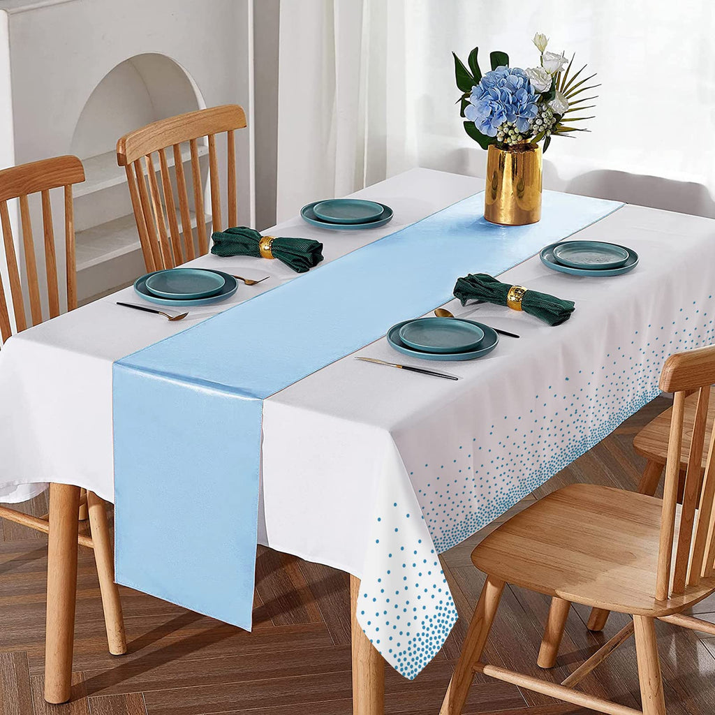 12Pack Disposable Plastic Tablecloths and Satin Table Runner Set White and Light Blue Dot Tablecloth Light Blue Satin Table Runner for Wedding Birthday Baby Shower Engagement Christmas Party Supplies