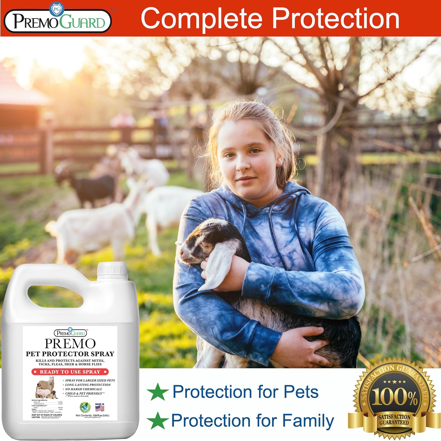 Pet Protector Fleas, Ticks and Mites 128 oz - Plant Based All Natural Non-Toxic - By Premo Guard