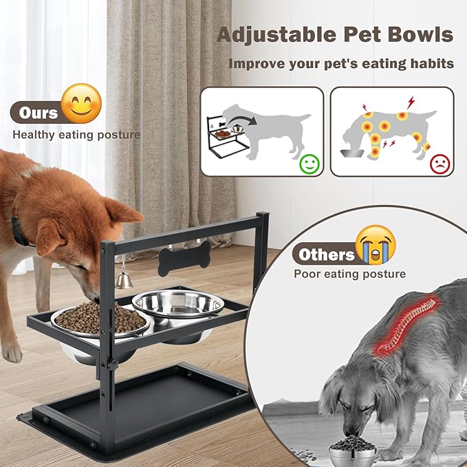 Shainfun Elevated Slow Feeder Large Dog Bowls - Adjustable Height, 2 Stainless Steel Bowls, Spill Proof Mat, Grey