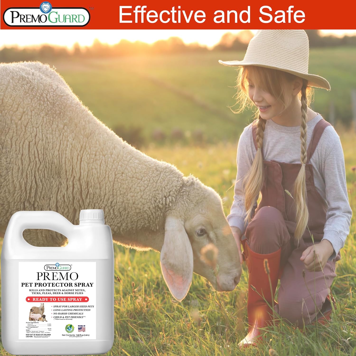 Pet Protector Fleas, Ticks and Mites 128 oz - Plant Based All Natural Non-Toxic - By Premo Guard