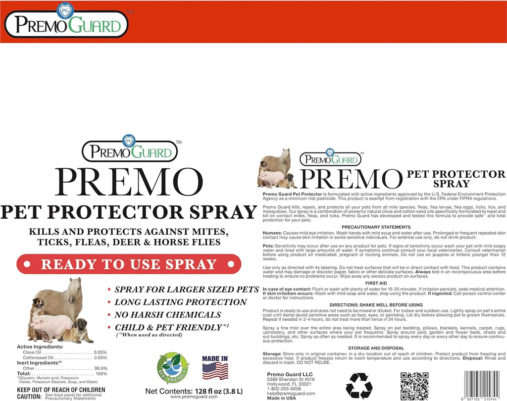 Pet Protector Fleas, Ticks and Mites 128 oz - Plant Based All Natural Non-Toxic - By Premo Guard