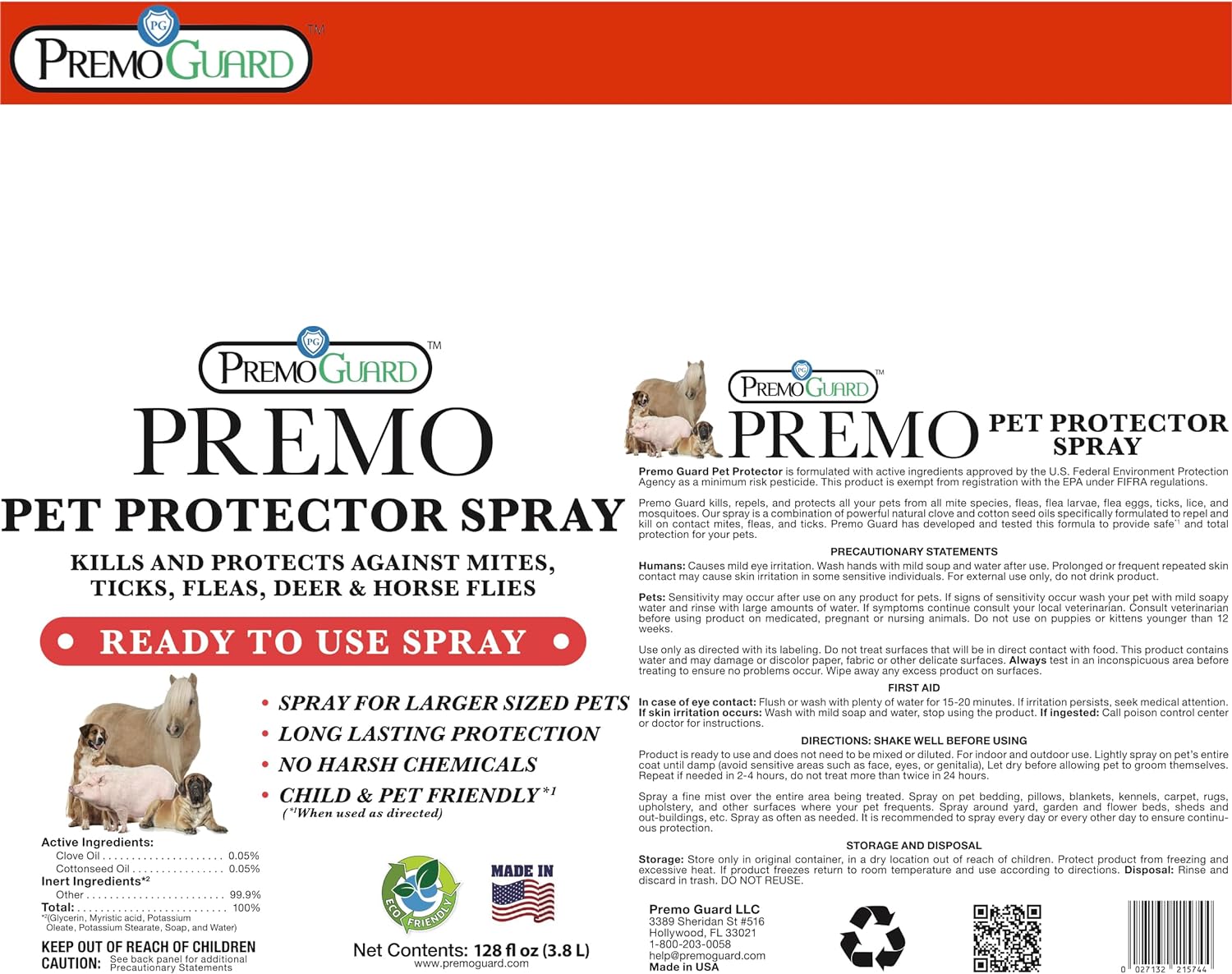 Pet Protector Fleas, Ticks and Mites 128 oz - Plant Based All Natural Non-Toxic - By Premo Guard
