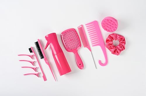 12 Pcs Hair Brush Set, 3 Pieces Slick Back Hair Brushes for Toddlers, Women, Detangling Brush for Wet Dry Curly Hair, Edge Bristles Wide Tooth Rat Tail Combs for Baby Girls (Rose Red)