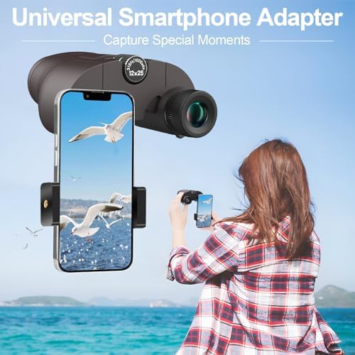 12x25 Ultra HD Binoculars for Adults with Phone Adapter and Flexible Tripod, Edge-to-Edge Sharpness Binoculars with Wide Angle Field of View, Smart Focus Compact Binoculars for Bird Watching -Grey