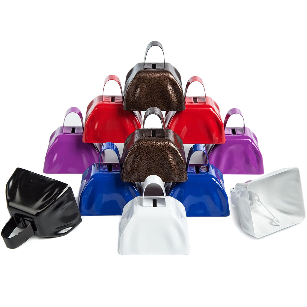 12-Pack Cowbells Noise Maker Decorative Cow Bells Christmas Bell Cowbells with Handle Call Bell Alarm (3 x 2.8 In, 6 Colors)