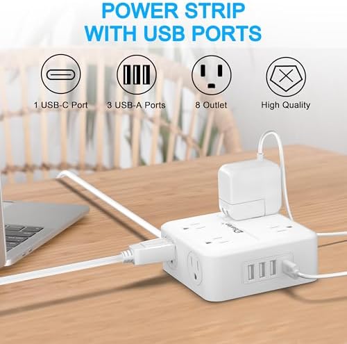 10Ft Power Strip with 1 USB-C,3 USB-A Ports,8 AC Outlets,Multi Plug Outlet Extender,10Ft Extension Cord,Flat Plug Wall Mount Desk USB Charging Station for Home Office College Dorm Room Essentials,UL