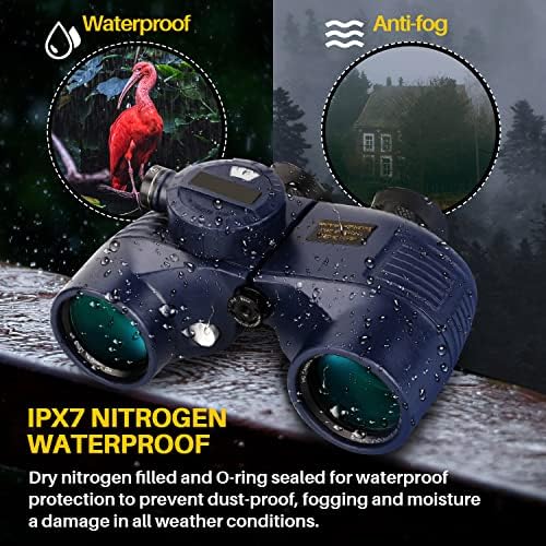 10x50 Marine Binoculars with Compass for Adults - Waterproof BAK4 Prism FMC Lens Binoculars with Rangefinder Compass and Shoulder Harness Strap for Navigation Hunting Bird Watching