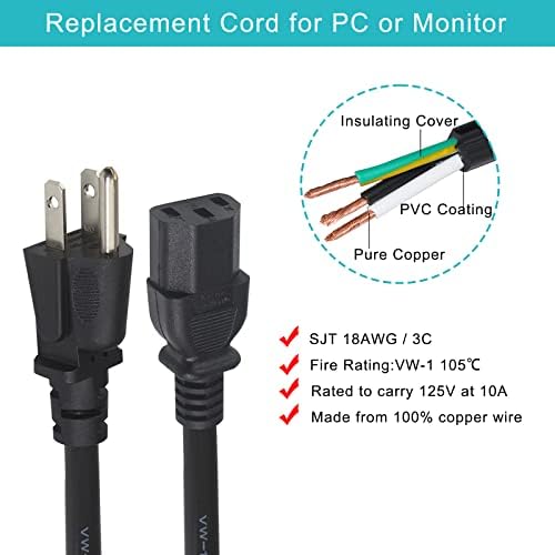 12FT Computer Monitor Replacement Power Cord -Black Long Standard PC Replace AC 3 Prong Power Supply Cord Heavy Duty 18AWG IEC C13 Power Cable NEMA 5-15P to C13 10A 125V for Monitor/TV/Computer