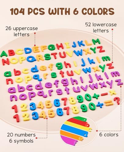 104 Pieces Magnetic Letters Numbers Alphabet Fridge Magnets ABC 123 Preschool Educational Learning Plastic Colorful Toy Set Uppercase Lowercase Math Symbols for Toddlers Kids